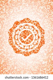 tick icon inside abstract emblem, orange mosaic background