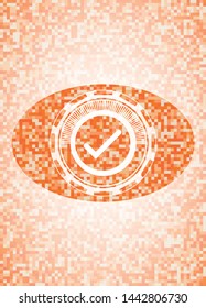 tick icon inside abstract emblem, orange mosaic background