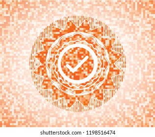 tick icon inside abstract orange mosaic emblem with background