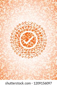 tick icon inside abstract orange mosaic emblem