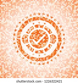 tick icon inside abstract orange mosaic emblem