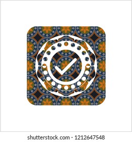 tick icon inside arabesque badge. arabic decoration.