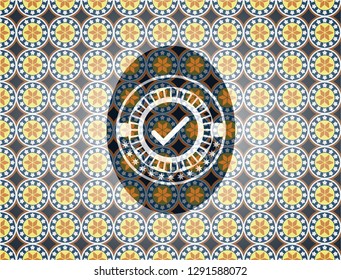tick icon inside arabesque badge background. arabic decoration.