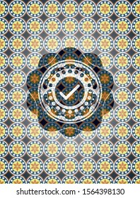 tick icon inside arabesque badge background. arabic decoration.