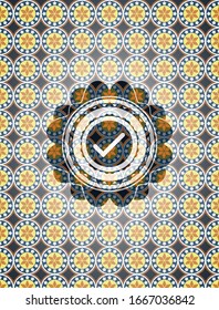 tick icon inside arabesque badge background. arabic decoration.