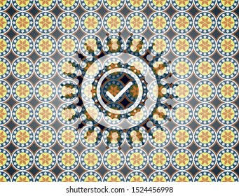 tick icon inside arabesque emblem. arabic decoration.