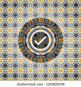 tick icon inside arabic badge background. Arabesque decoration.