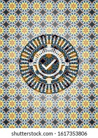 tick icon inside arabic badge. Arabesque decoration.
