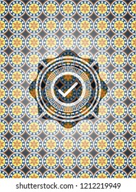 tick icon inside arabic emblem background. Arabesque decoration.