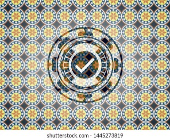 tick icon inside arabic emblem. Arabesque decoration.