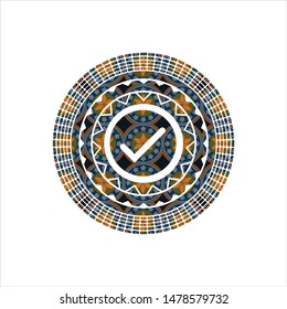 tick icon inside arabic emblem. Arabesque decoration.