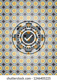 tick icon inside arabic style badge. Arabesque decoration.