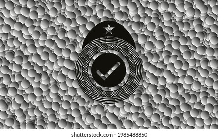 tick icon inside black emblem with bubbles background. Vintage. Vector Illustration. Detailed. 