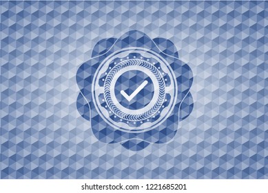 tick icon inside blue badge with geometric background.