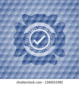 tick icon inside blue badge with geometric pattern.