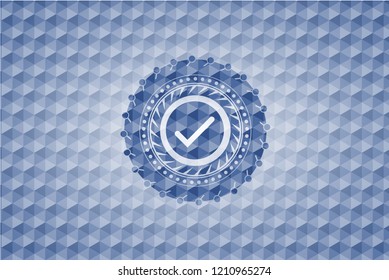 tick icon inside blue emblem with geometric pattern background.