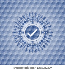 tick icon inside blue emblem with geometric pattern background.