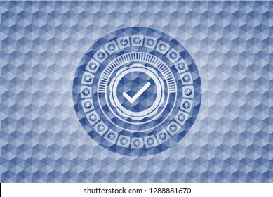 tick icon inside blue emblem with geometric pattern background.