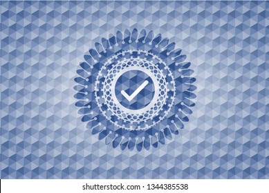 tick icon inside blue emblem or badge with abstract geometric pattern background.