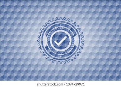 tick icon inside blue emblem with geometric background.