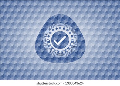 tick icon inside blue hexagon emblem.