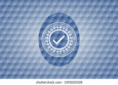 tick icon inside blue hexagon badge.