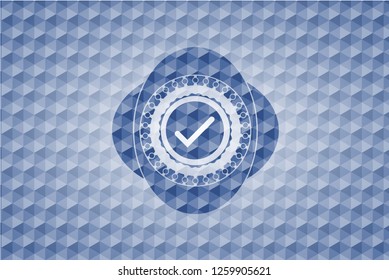 tick icon inside blue polygonal emblem.