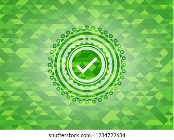 tick icon inside green emblem with mosaic ecological style background