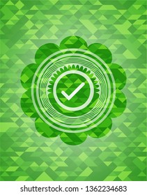 tick icon inside green emblem with mosaic ecological style background