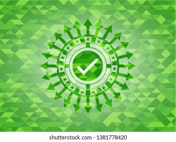 tick icon inside green emblem with mosaic ecological style background