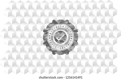 tick icon inside grey badge with geometric cube white background