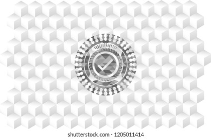 tick icon inside grey emblem with geometric cube white background