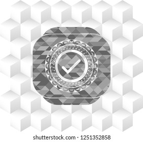 tick icon inside grey emblem. Retro with geometric cube white background