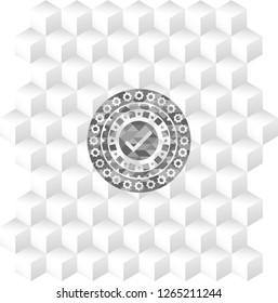 tick icon inside grey icon or emblem with geometric cube white background