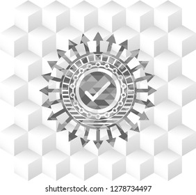 tick icon inside grey icon or emblem with geometric cube white background