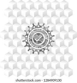 tick icon inside grey emblem. Vintage with geometric cube white background