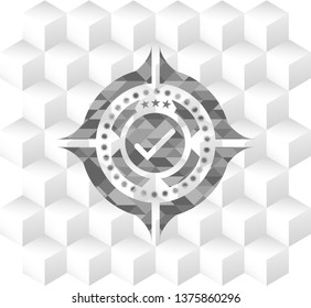tick icon inside grey emblem. Vintage with geometric cube white background