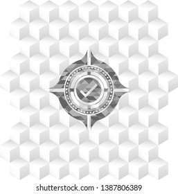 tick icon inside grey emblem. Retro with geometric cube white background
