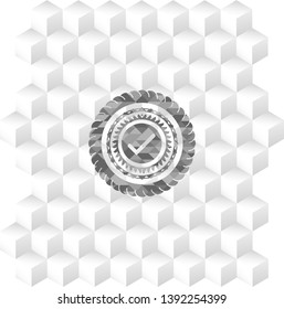 tick icon inside grey emblem. Retro with geometric cube white background
