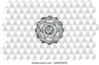 tick icon inside grey emblem. Vintage with geometric cube white background