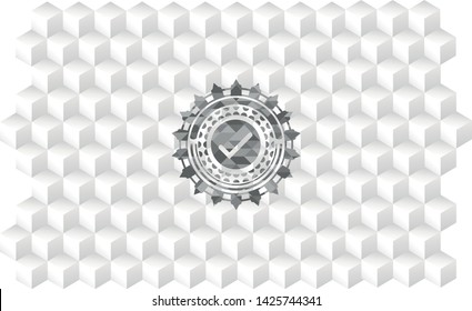 tick icon inside grey emblem. Vintage with geometric cube white background