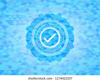 tick icon inside light blue emblem. Mosaic background
