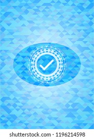 tick icon inside light blue emblem. Mosaic background