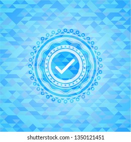 tick icon inside light blue emblem with triangle mosaic background