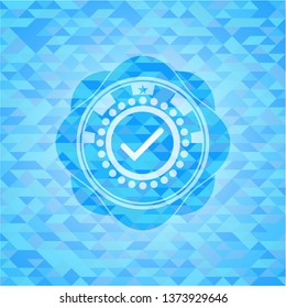 tick icon inside light blue emblem with mosaic ecological style background