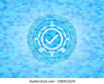 tick icon inside light blue emblem with triangle mosaic background