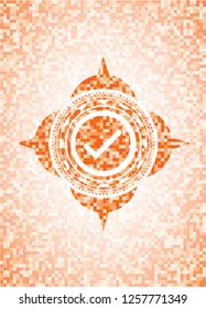 tick icon inside orange mosaic emblem with background