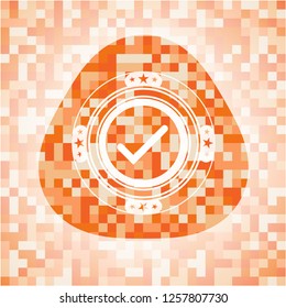 tick icon inside orange mosaic emblem with background