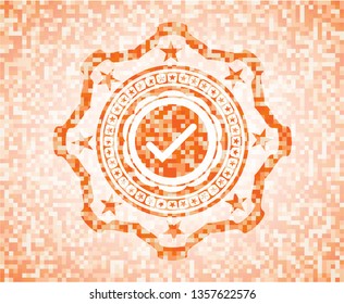 tick icon inside orange mosaic emblem with background