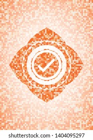 tick icon inside orange mosaic emblem with background